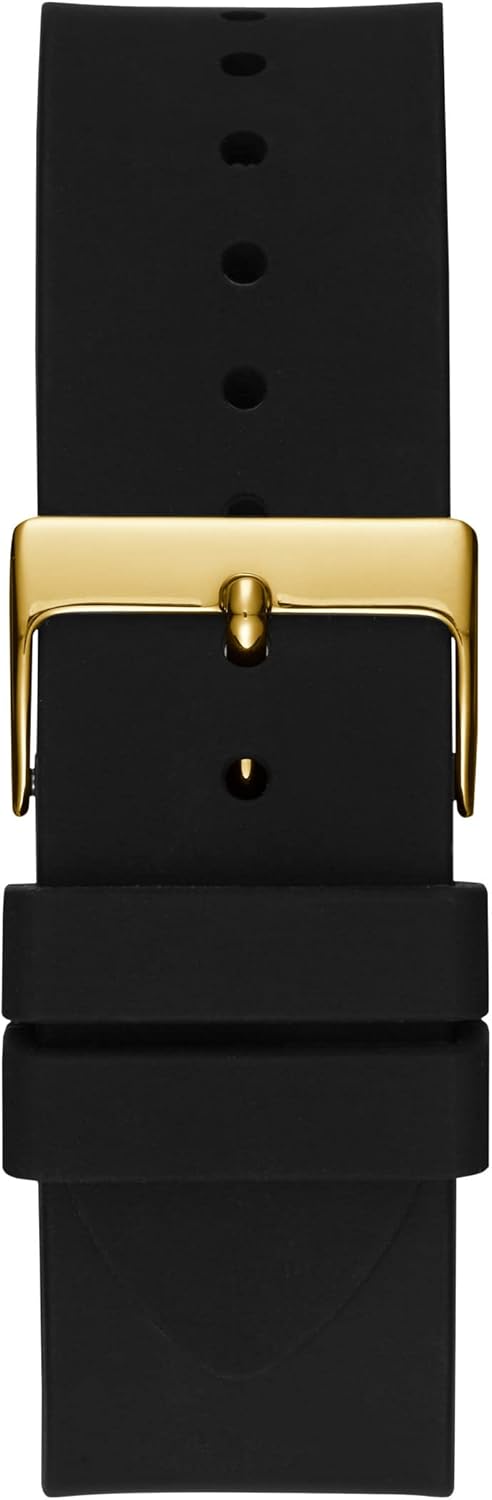 GUESS Comfortable Gold-Tone Black Stain Resistant Silicone Watch with Crystal Embellished Day, Date + 24 Hour Military/Int'l Time. Color: Black (Model: U1132G1)