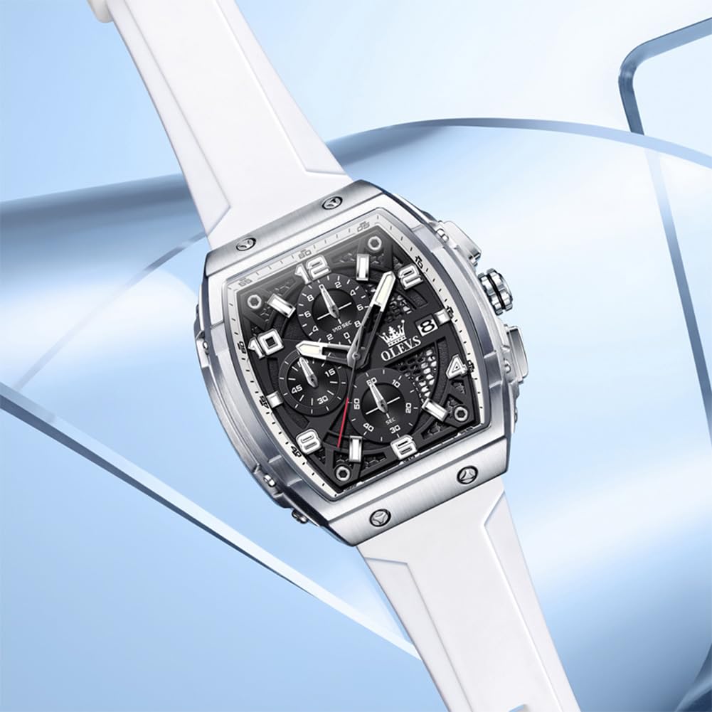 OLEVS Mens Watches Stylish Chronograph Waterproof Luminous Silicon Strap Multifunction Watches for Men Business White Men Wrist Watch