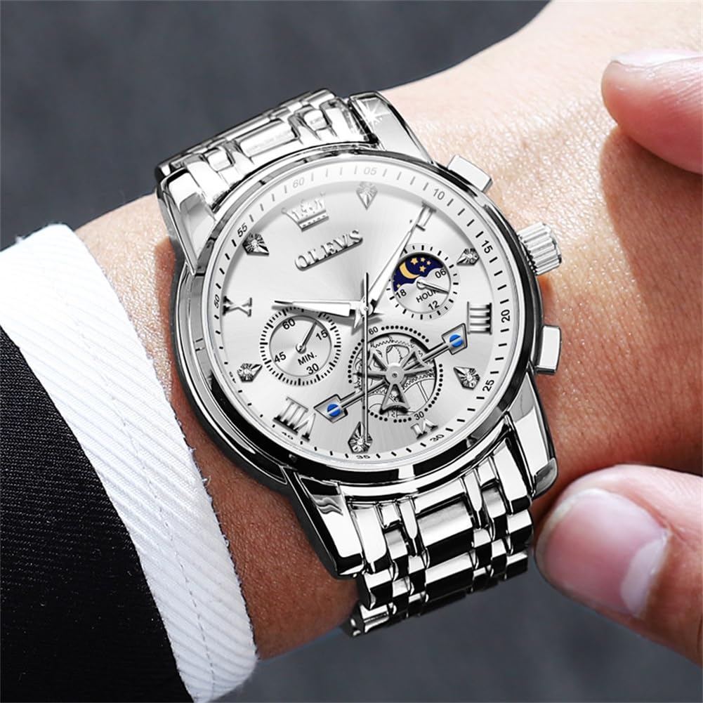 OLEVS Watches Men Waterproof Luxury Big Face Mens Watch Stainless Steel Quartz Analog Dress Watches for Men Luminous Multifunction Man Watch Relojes De Hombre