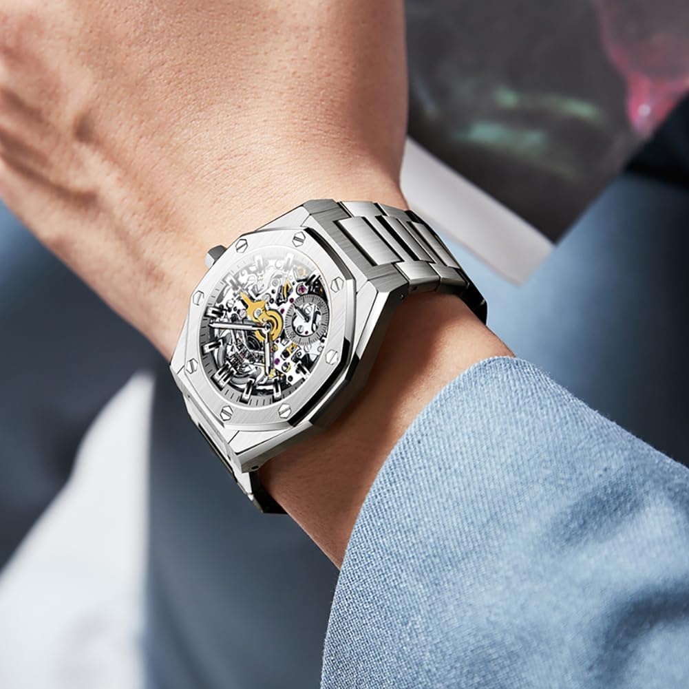 OLEVS Self Winding Watches for Men Automatic Mechanical Tourbillon Stainless Steel Waterproof Luminous Luxury Dress Wrist Watches