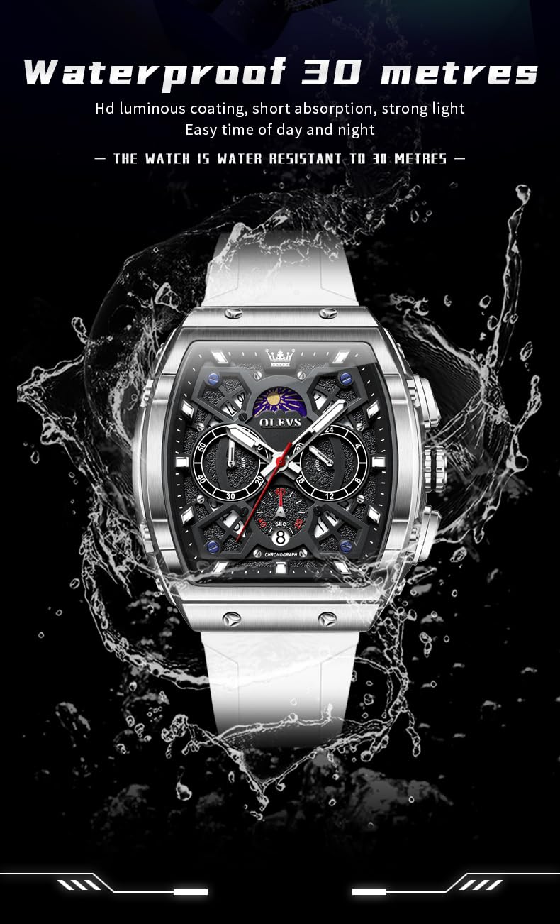 OLEVS Mens Watches Stylish Chronograph Waterproof Luminous Silicon Strap Multifunction Watches for Men Business White Men Wrist Watch