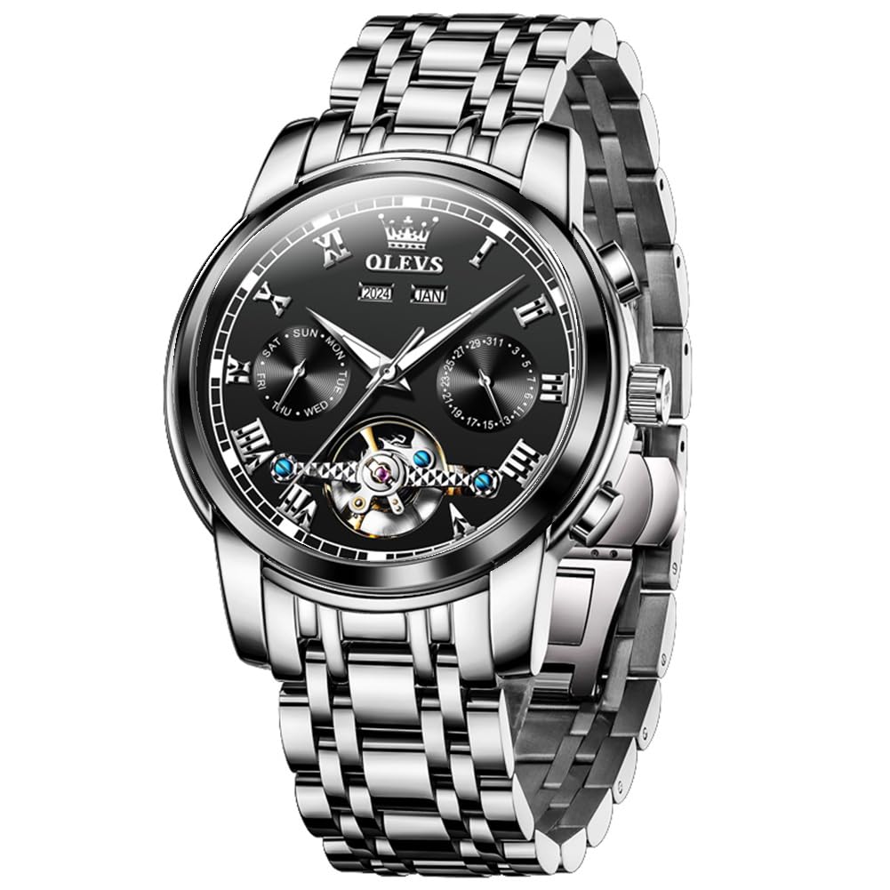 OLEVS Self Winding Watches for Men Automatic Mechanical Tourbillon Stainless Steel Waterproof Luminous Luxury Dress Wrist Watches
