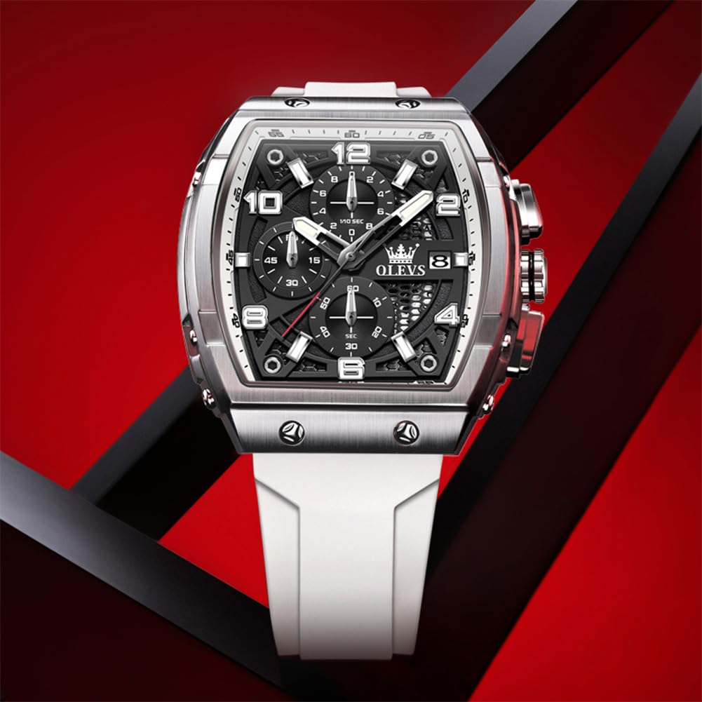 OLEVS Mens Watches Stylish Chronograph Waterproof Luminous Silicon Strap Multifunction Watches for Men Business White Men Wrist Watch