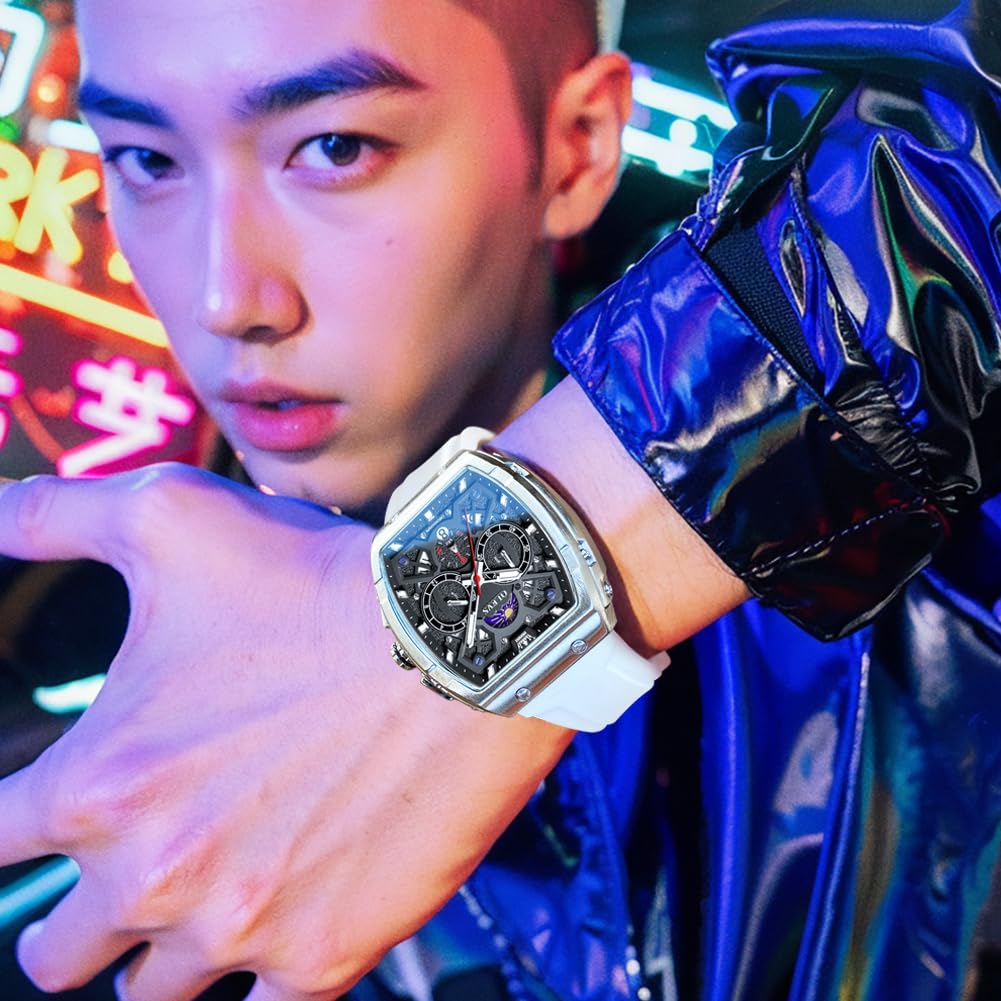 OLEVS Mens Watches Stylish Chronograph Waterproof Luminous Silicon Strap Multifunction Watches for Men Business White Men Wrist Watch