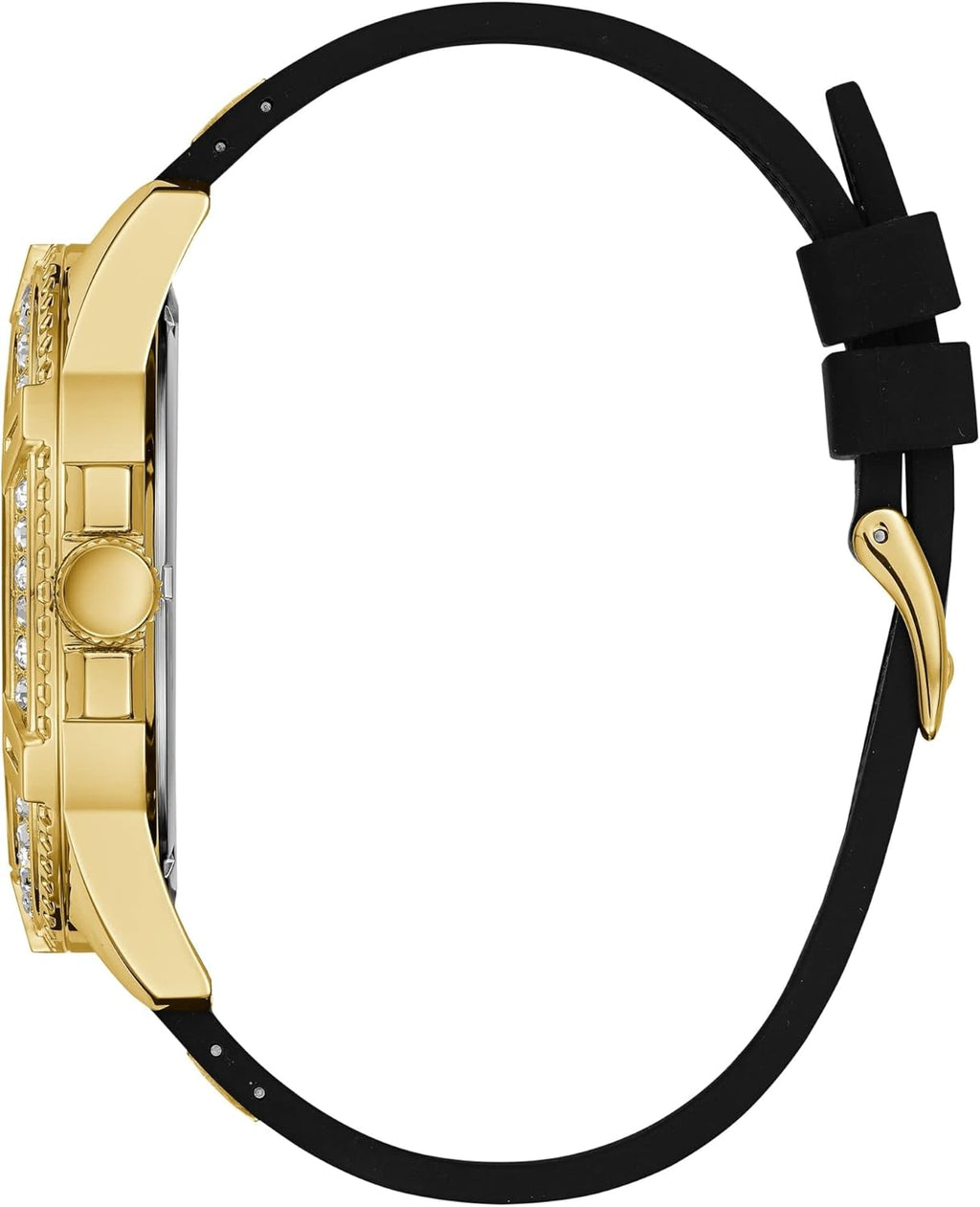 GUESS Comfortable Gold-Tone Black Stain Resistant Silicone Watch with Crystal Embellished Day, Date + 24 Hour Military/Int'l Time. Color: Black (Model: U1132G1)