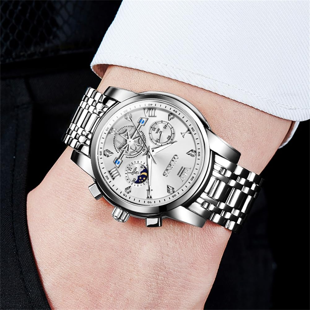 OLEVS Watches Men Waterproof Luxury Big Face Mens Watch Stainless Steel Quartz Analog Dress Watches for Men Luminous Multifunction Man Watch Relojes De Hombre