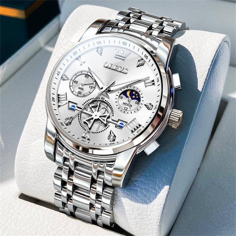 OLEVS Watches Men Waterproof Luxury Big Face Mens Watch Stainless Steel Quartz Analog Dress Watches for Men Luminous Multifunction Man Watch Relojes De Hombre