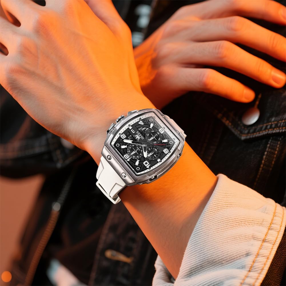 OLEVS Mens Watches Stylish Chronograph Waterproof Luminous Silicon Strap Multifunction Watches for Men Business White Men Wrist Watch