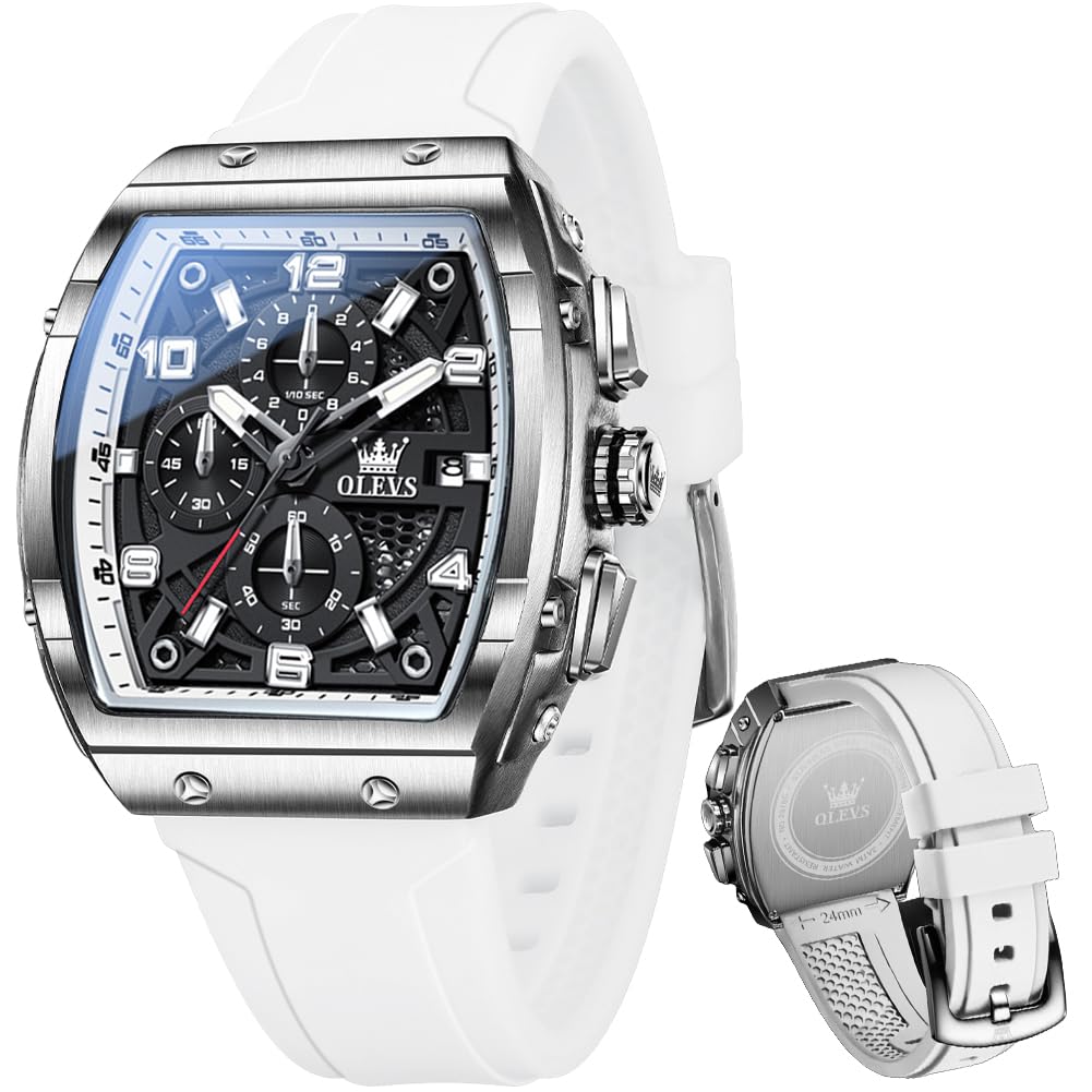 OLEVS Mens Watches Stylish Chronograph Waterproof Luminous Silicon Strap Multifunction Watches for Men Business White Men Wrist Watch