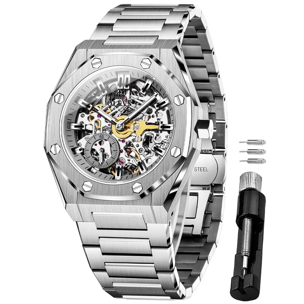 OLEVS Self Winding Watches for Men Automatic Mechanical Tourbillon Stainless Steel Waterproof Luminous Luxury Dress Wrist Watches
