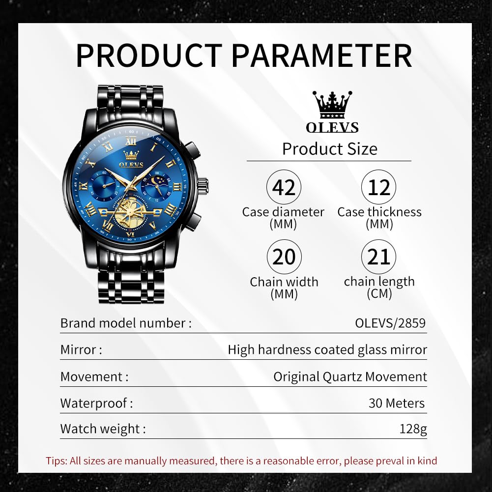 OLEVS Watches Men Waterproof Luxury Big Face Mens Watch Stainless Steel Quartz Analog Dress Watches for Men Luminous Multifunction Man Watch Relojes De Hombre