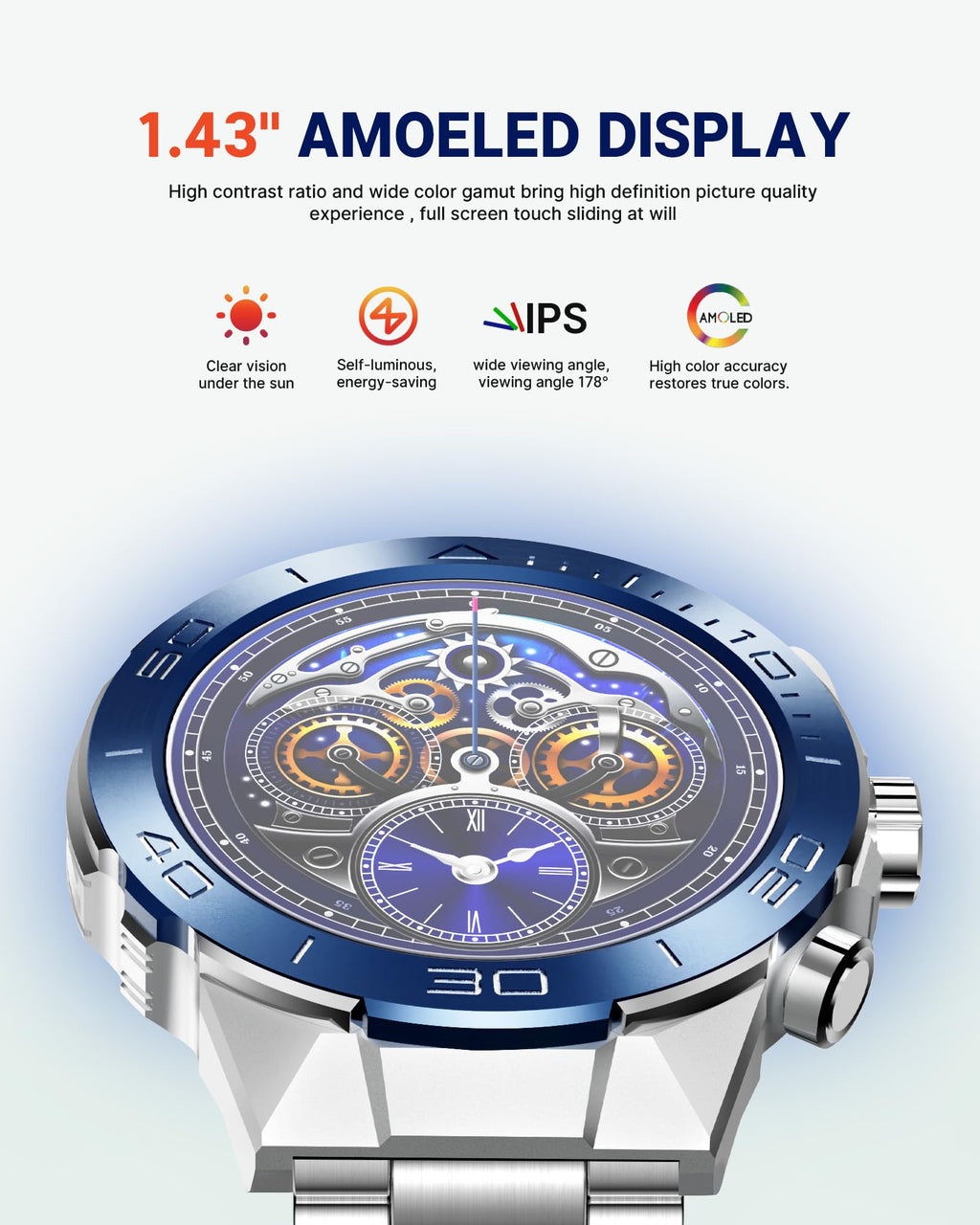 Smart Watch for Men Answer/Make Call for Android iPhone, 1.43" AMOLED HD Screen Mens Luxury Watch, 400mAh Heavy Duty Smartwatch Heart Rate Blood Oxygen Blood Pressure Sleep Monitor Pedometer, 2 Straps