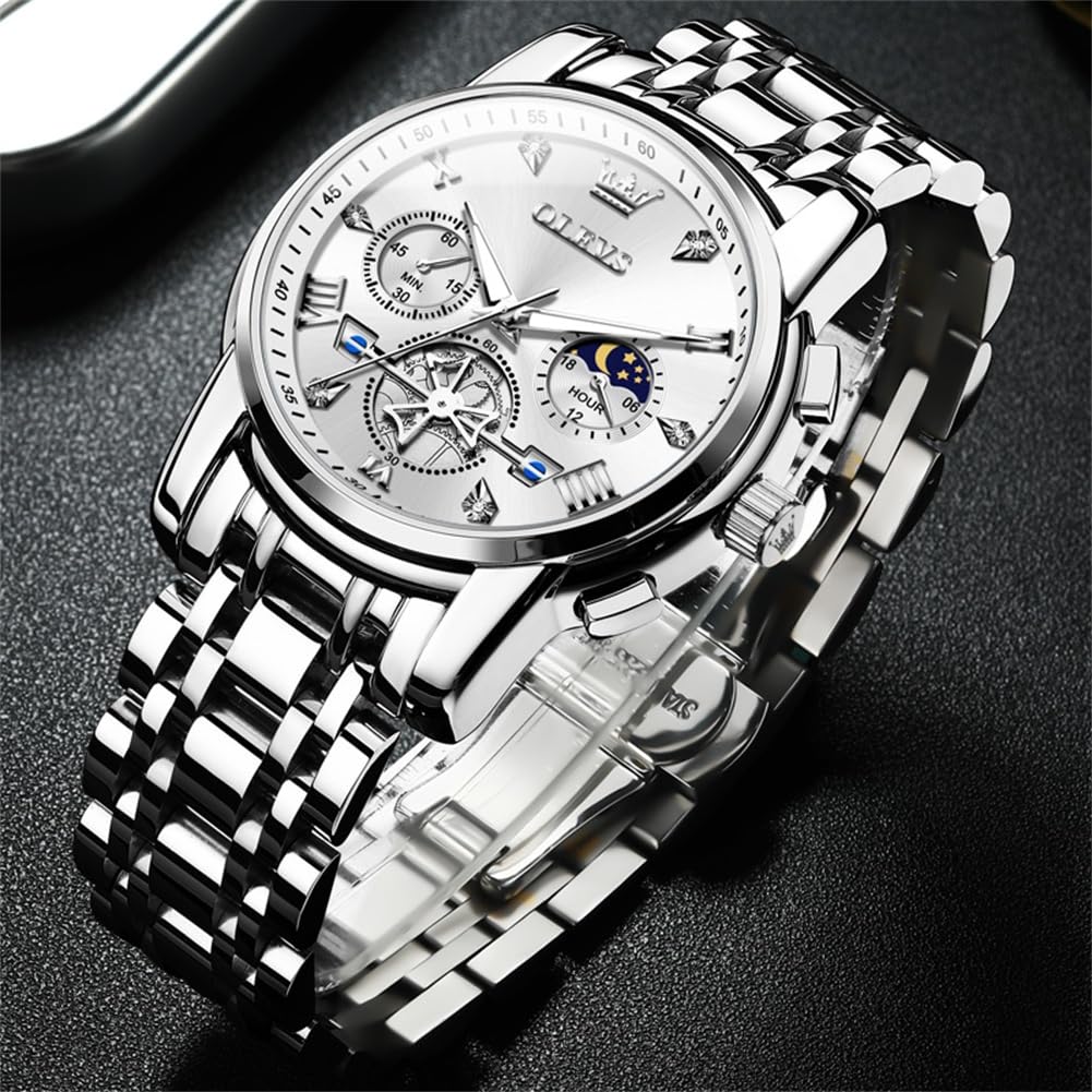 OLEVS Watches Men Waterproof Luxury Big Face Mens Watch Stainless Steel Quartz Analog Dress Watches for Men Luminous Multifunction Man Watch Relojes De Hombre
