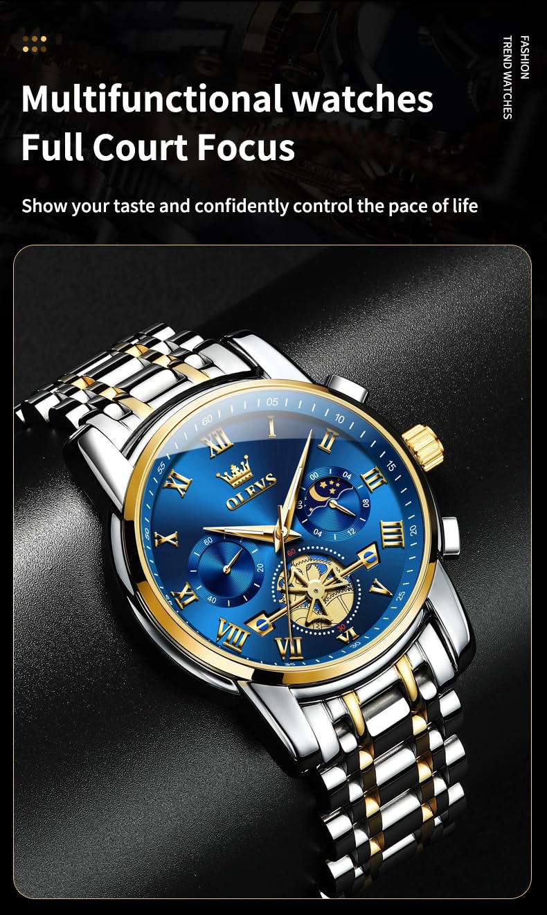 OLEVS Watches Men Waterproof Luxury Big Face Mens Watch Stainless Steel Quartz Analog Dress Watches for Men Luminous Multifunction Man Watch Relojes De Hombre