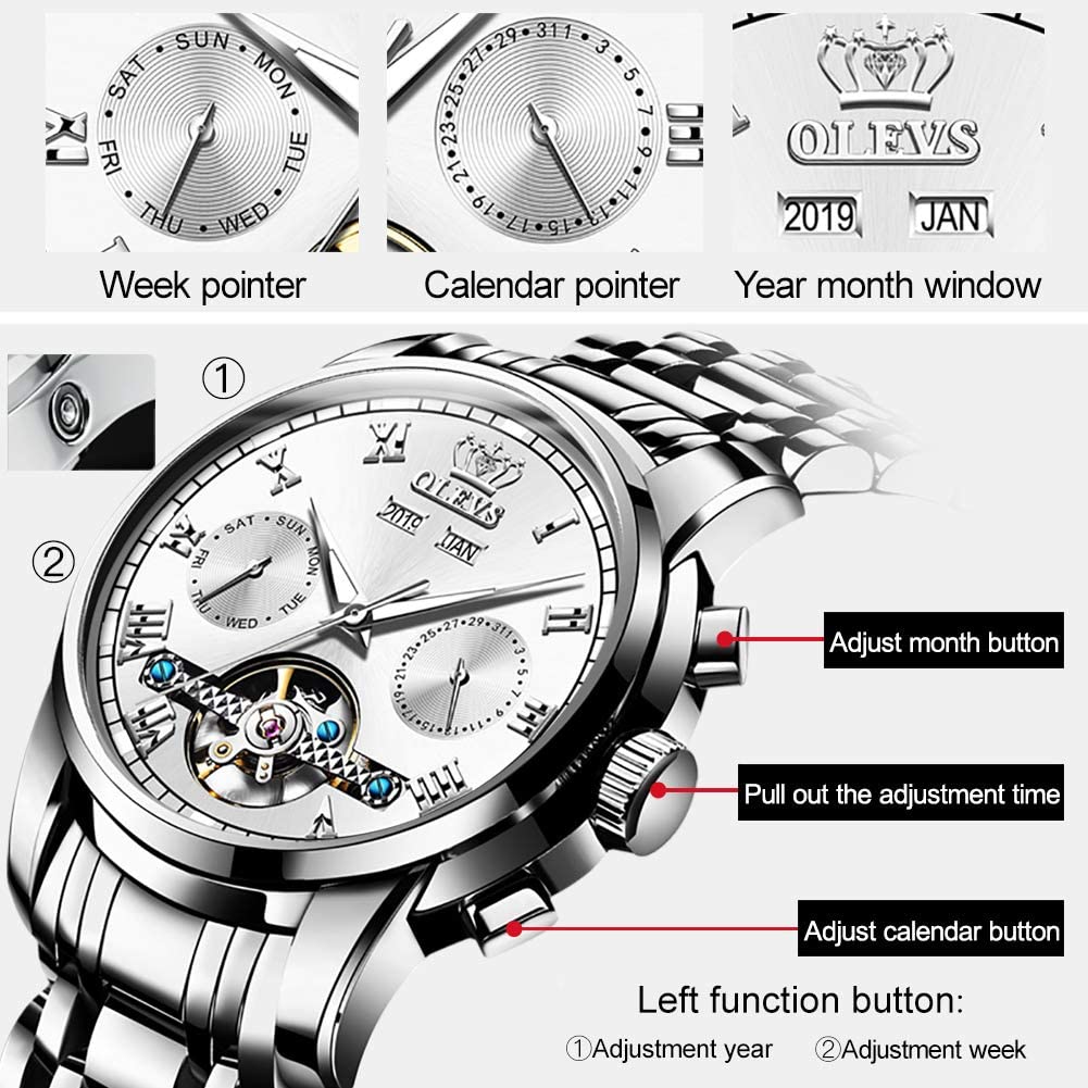 OLEVS Self Winding Watches for Men Automatic Mechanical Tourbillon Stainless Steel Waterproof Luminous Luxury Dress Wrist Watches