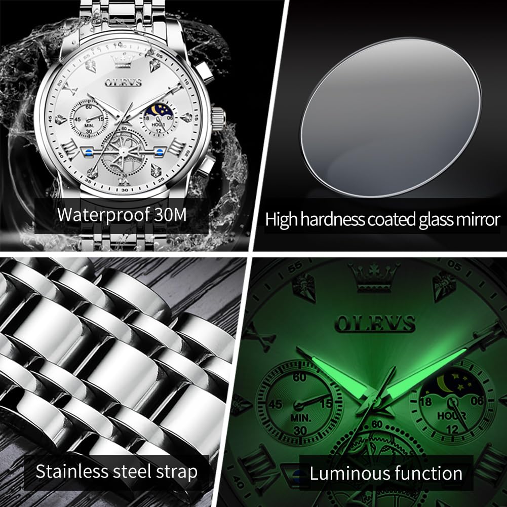 OLEVS Watches Men Waterproof Luxury Big Face Mens Watch Stainless Steel Quartz Analog Dress Watches for Men Luminous Multifunction Man Watch Relojes De Hombre