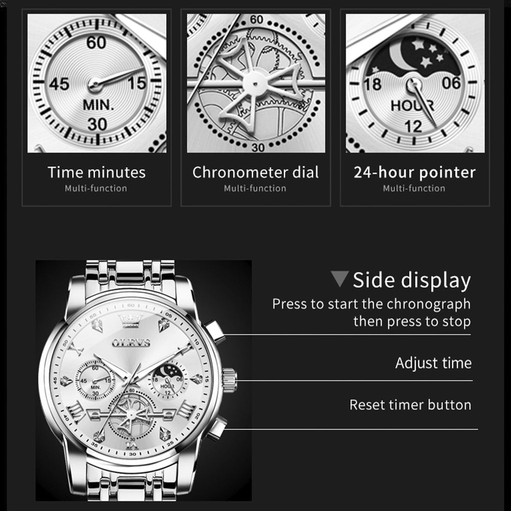 OLEVS Watches Men Waterproof Luxury Big Face Mens Watch Stainless Steel Quartz Analog Dress Watches for Men Luminous Multifunction Man Watch Relojes De Hombre