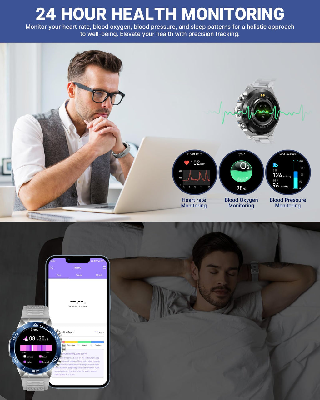 Smart Watch for Men Answer/Make Call for Android iPhone, 1.43" AMOLED HD Screen Mens Luxury Watch, 400mAh Heavy Duty Smartwatch Heart Rate Blood Oxygen Blood Pressure Sleep Monitor Pedometer, 2 Straps