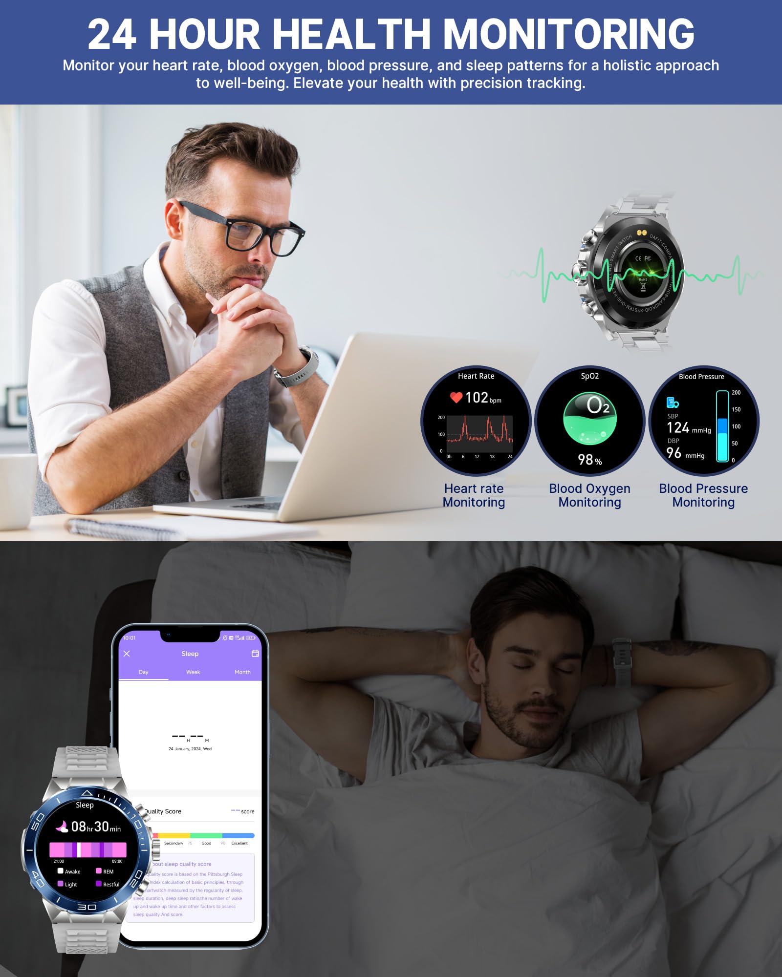 Smart Watch for Men Answer/Make Call for Android iPhone, 1.43" AMOLED HD Screen Mens Luxury Watch, 400mAh Heavy Duty Smartwatch Heart Rate Blood Oxygen Blood Pressure Sleep Monitor Pedometer, 2 Straps