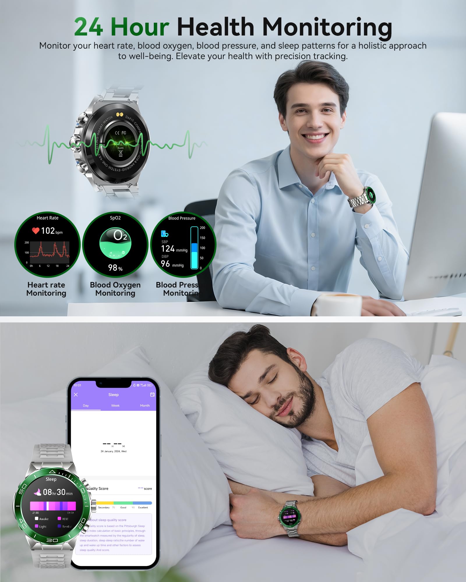 Smart Watch for Men Answer/Make Call for Android iPhone, 1.43" AMOLED HD Screen Mens Luxury Watch, 400mAh Heavy Duty Smartwatch Heart Rate Blood Oxygen Blood Pressure Sleep Monitor Pedometer, 2 Straps