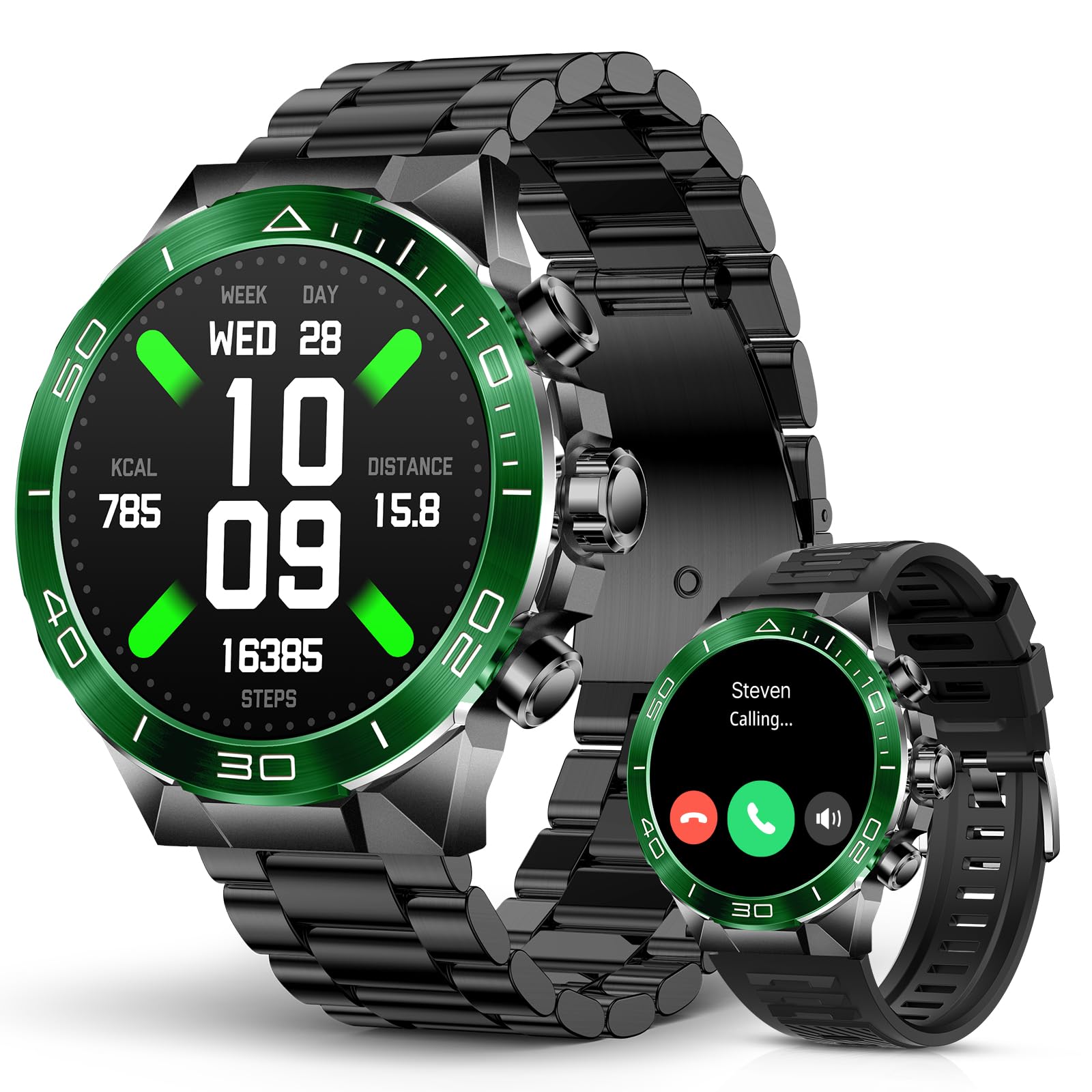 Smart Watch for Men Answer/Make Call for Android iPhone, 1.43" AMOLED HD Screen Mens Luxury Watch, 400mAh Heavy Duty Smartwatch Heart Rate Blood Oxygen Blood Pressure Sleep Monitor Pedometer, 2 Straps