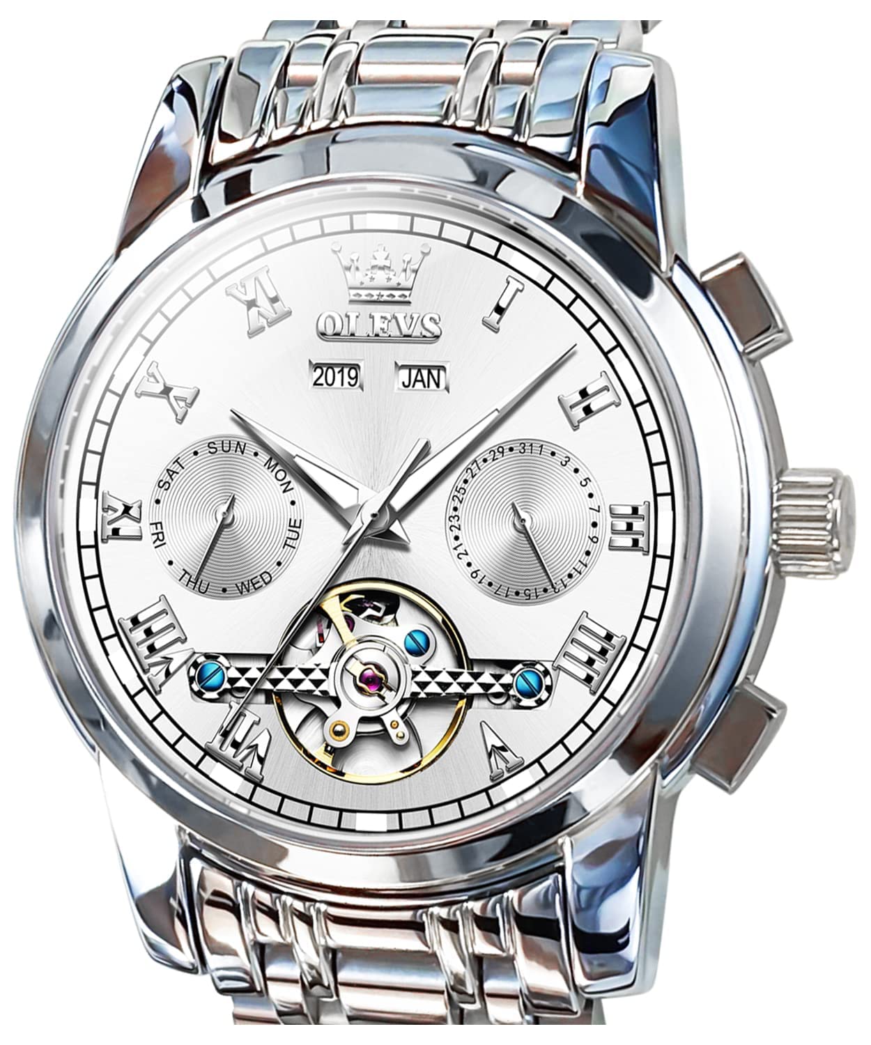 OLEVS Self Winding Watches for Men Automatic Mechanical Tourbillon Stainless Steel Waterproof Luminous Luxury Dress Wrist Watches