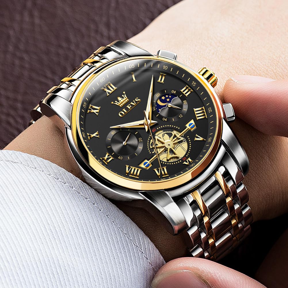 OLEVS Watches Men Waterproof Luxury Big Face Mens Watch Stainless Steel Quartz Analog Dress Watches for Men Luminous Multifunction Man Watch Relojes De Hombre