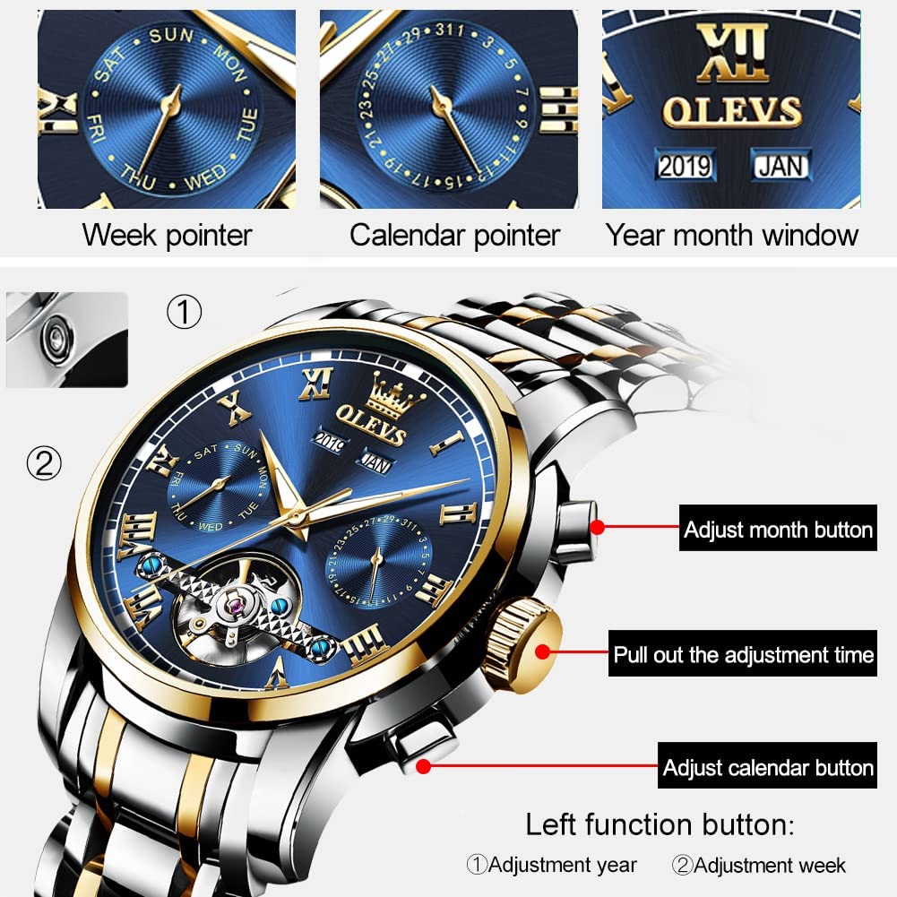 OLEVS Self Winding Watches for Men Automatic Mechanical Tourbillon Stainless Steel Waterproof Luminous Luxury Dress Wrist Watches