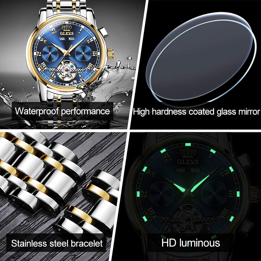 OLEVS Self Winding Watches for Men Automatic Mechanical Tourbillon Stainless Steel Waterproof Luminous Luxury Dress Wrist Watches