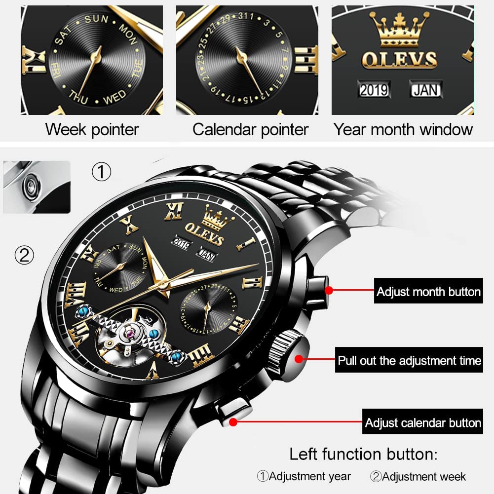 OLEVS Self Winding Watches for Men Automatic Mechanical Tourbillon Stainless Steel Waterproof Luminous Luxury Dress Wrist Watches