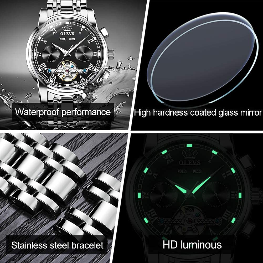 OLEVS Self Winding Watches for Men Automatic Mechanical Tourbillon Stainless Steel Waterproof Luminous Luxury Dress Wrist Watches