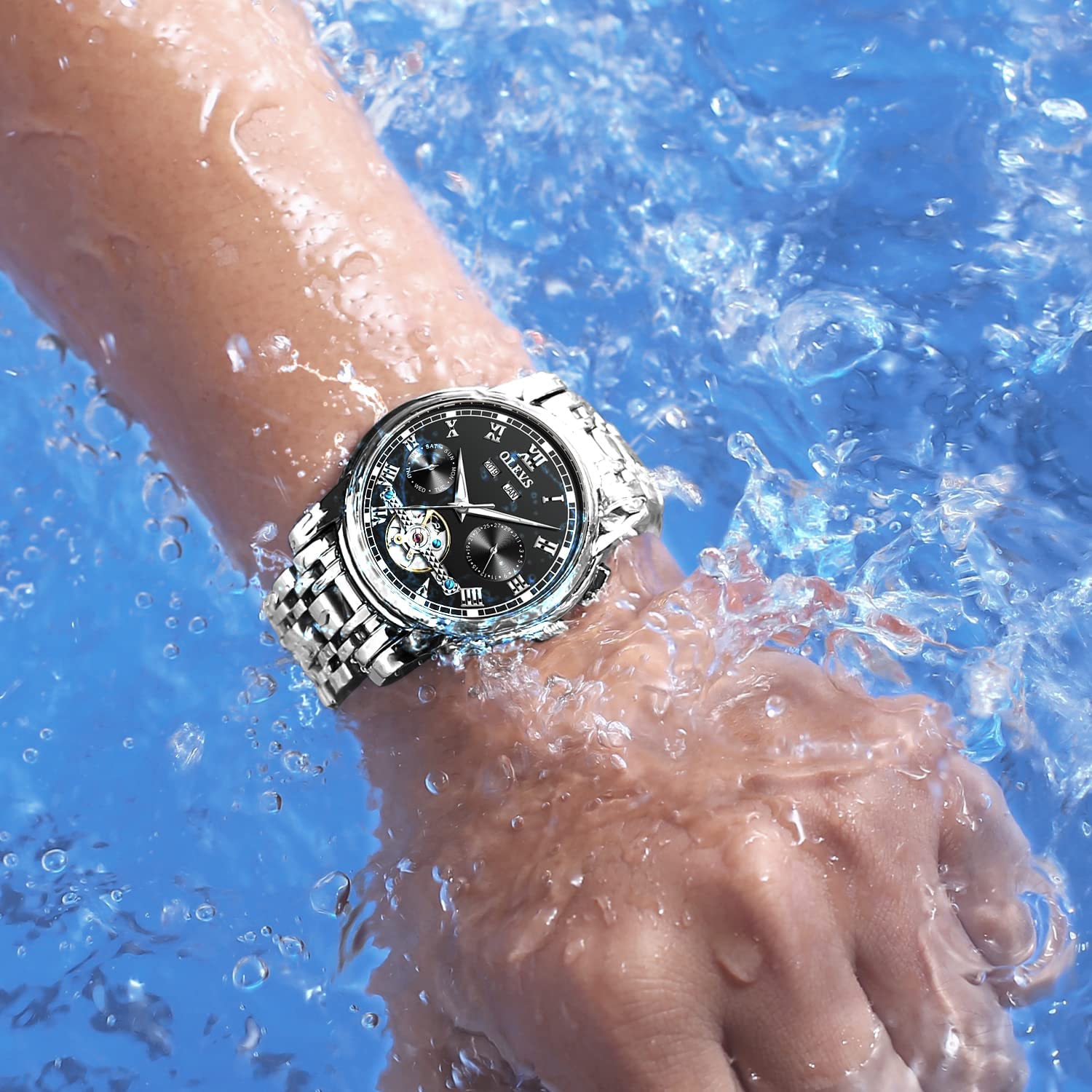 OLEVS Self Winding Watches for Men Automatic Mechanical Tourbillon Stainless Steel Waterproof Luminous Luxury Dress Wrist Watches