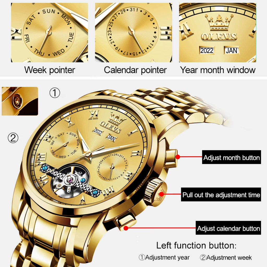 OLEVS Self Winding Watches for Men Automatic Mechanical Tourbillon Stainless Steel Waterproof Luminous Luxury Dress Wrist Watches