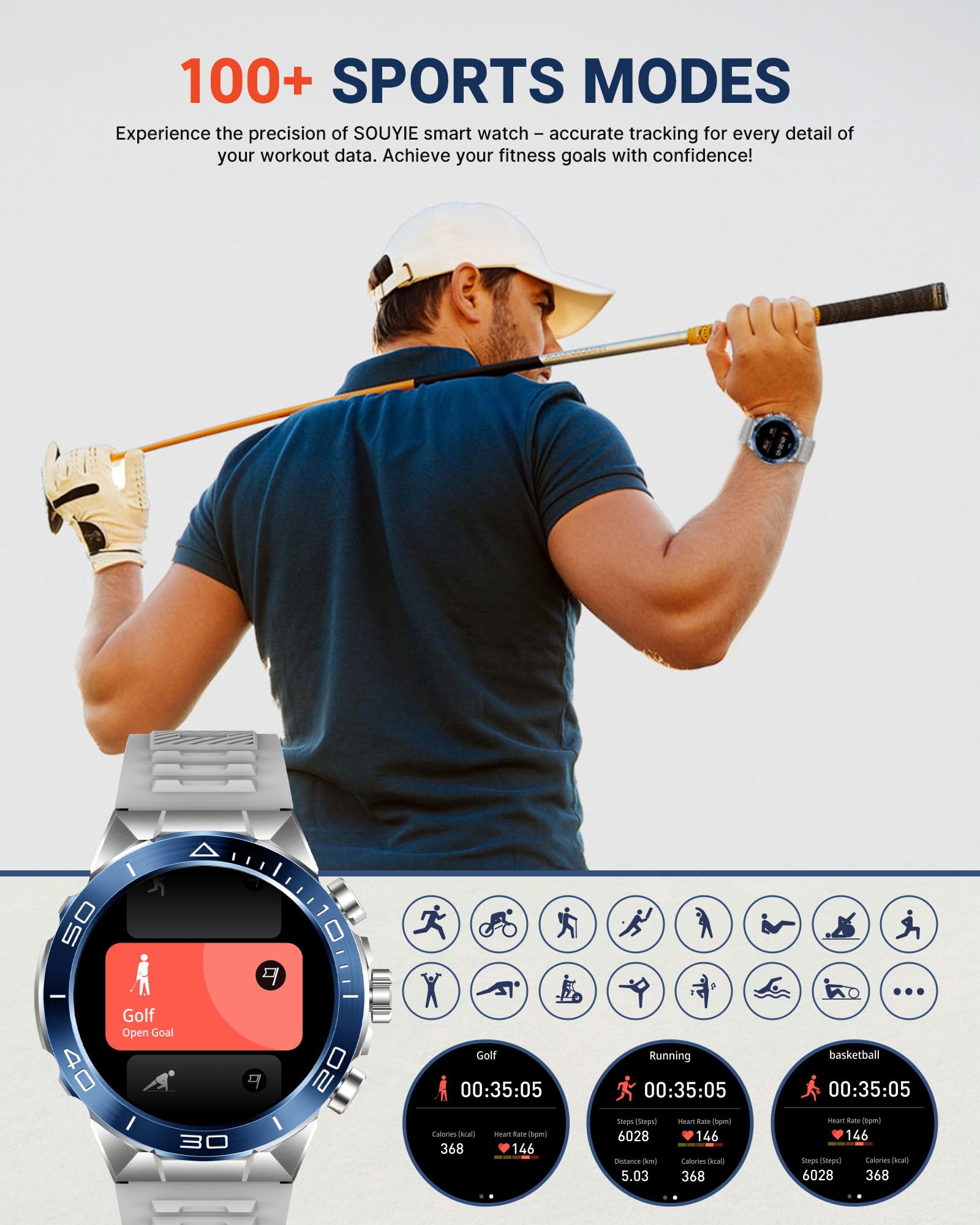 Smart Watch for Men Answer/Make Call for Android iPhone, 1.43" AMOLED HD Screen Mens Luxury Watch, 400mAh Heavy Duty Smartwatch Heart Rate Blood Oxygen Blood Pressure Sleep Monitor Pedometer, 2 Straps