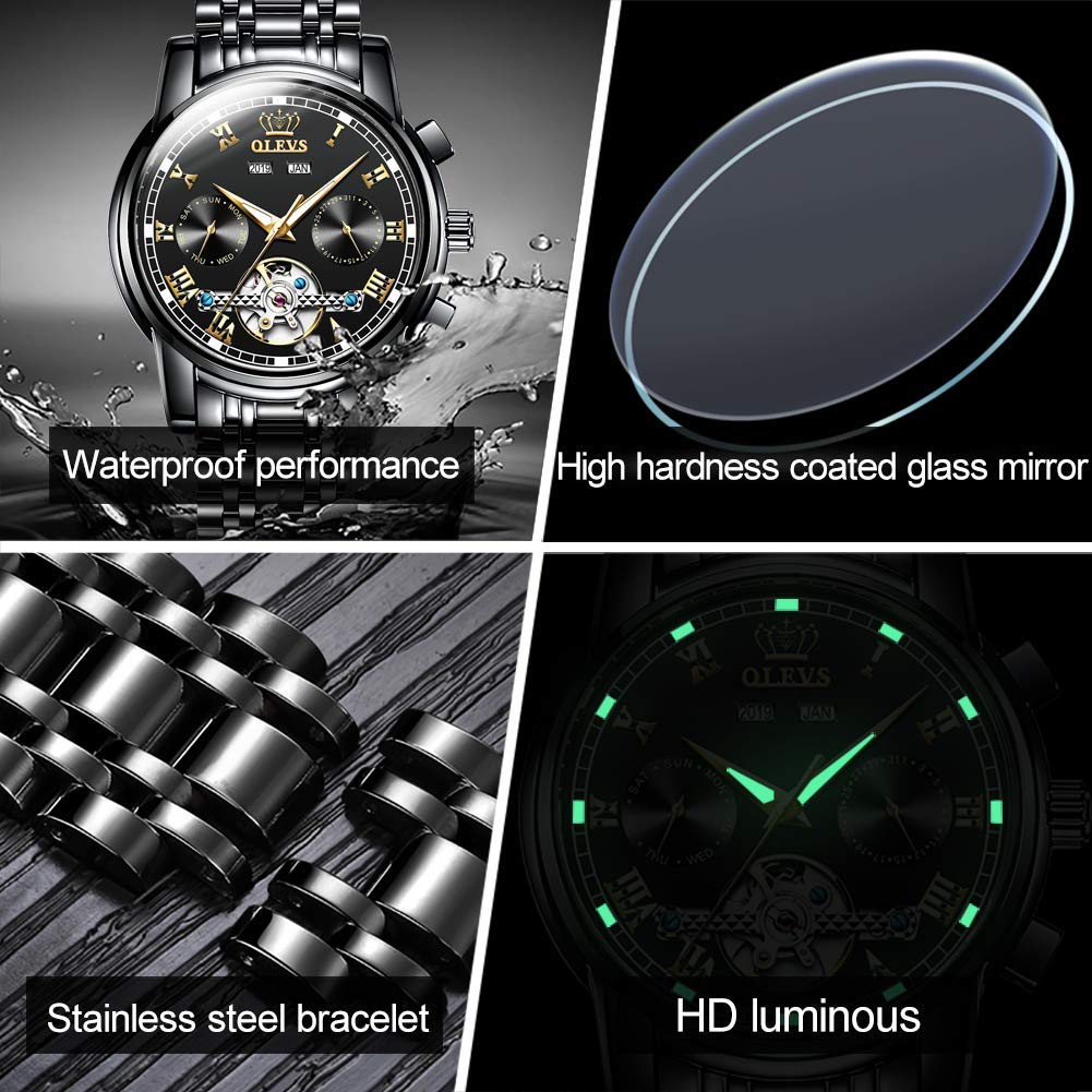 OLEVS Self Winding Watches for Men Automatic Mechanical Tourbillon Stainless Steel Waterproof Luminous Luxury Dress Wrist Watches