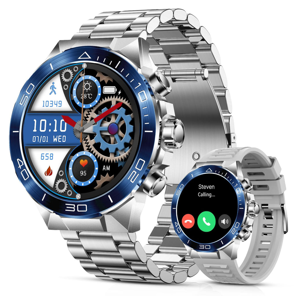 Smart Watch for Men Answer/Make Call for Android iPhone, 1.43" AMOLED HD Screen Mens Luxury Watch, 400mAh Heavy Duty Smartwatch Heart Rate Blood Oxygen Blood Pressure Sleep Monitor Pedometer, 2 Straps