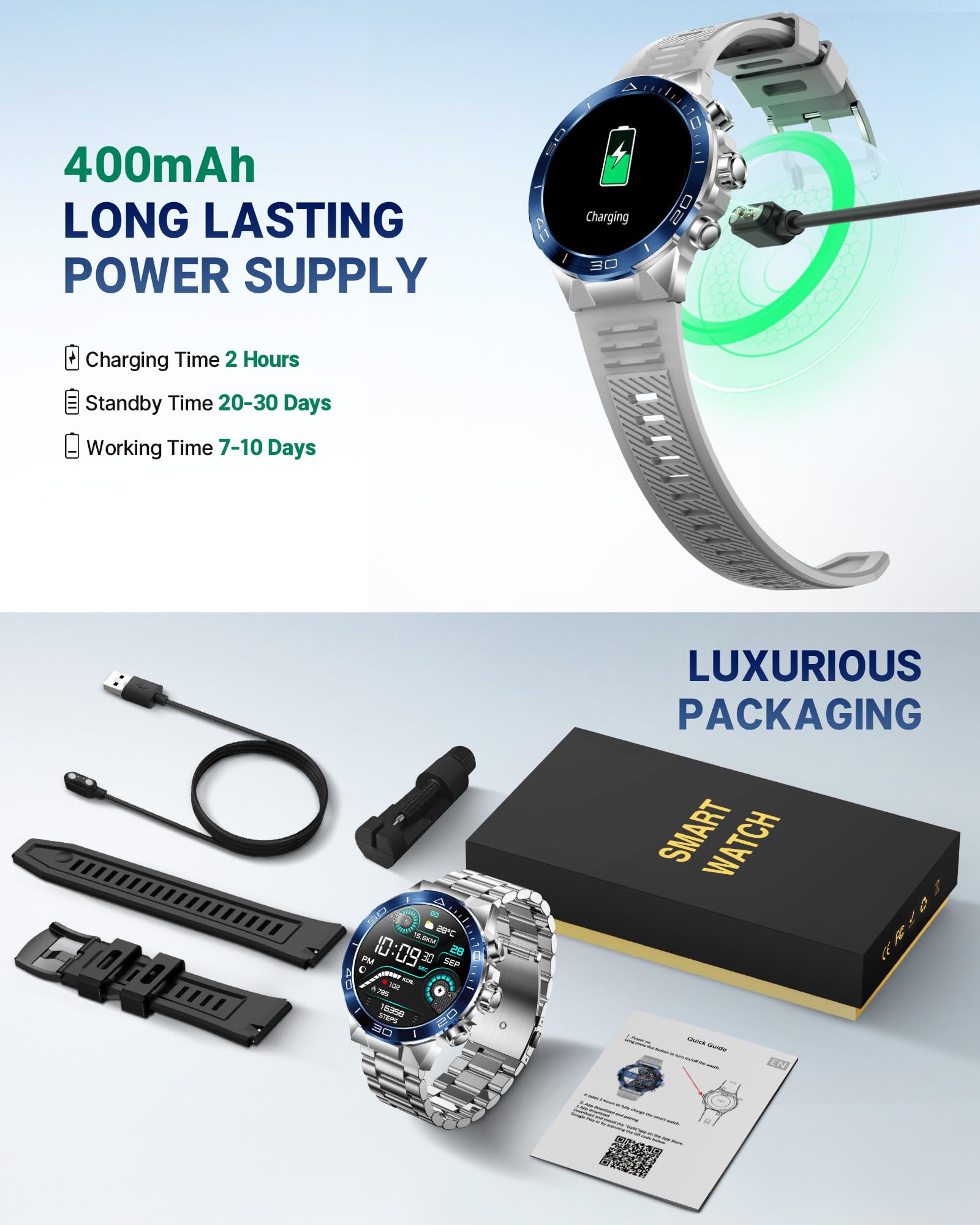 Smart Watch for Men Answer/Make Call for Android iPhone, 1.43" AMOLED HD Screen Mens Luxury Watch, 400mAh Heavy Duty Smartwatch Heart Rate Blood Oxygen Blood Pressure Sleep Monitor Pedometer, 2 Straps