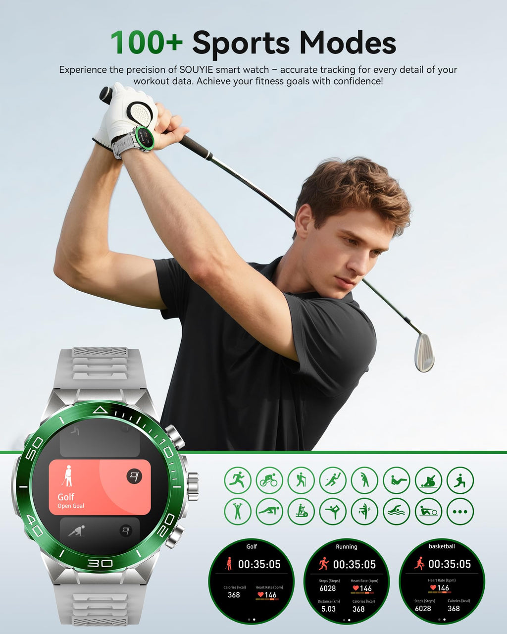 Smart Watch for Men Answer/Make Call for Android iPhone, 1.43" AMOLED HD Screen Mens Luxury Watch, 400mAh Heavy Duty Smartwatch Heart Rate Blood Oxygen Blood Pressure Sleep Monitor Pedometer, 2 Straps