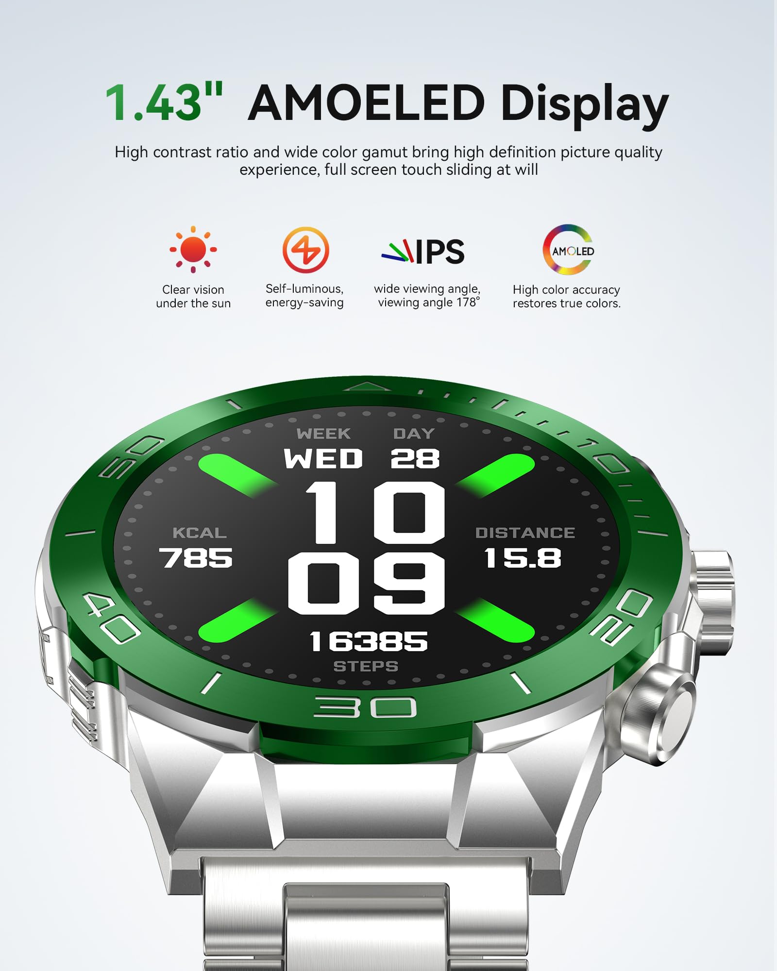 Smart Watch for Men Answer/Make Call for Android iPhone, 1.43" AMOLED HD Screen Mens Luxury Watch, 400mAh Heavy Duty Smartwatch Heart Rate Blood Oxygen Blood Pressure Sleep Monitor Pedometer, 2 Straps