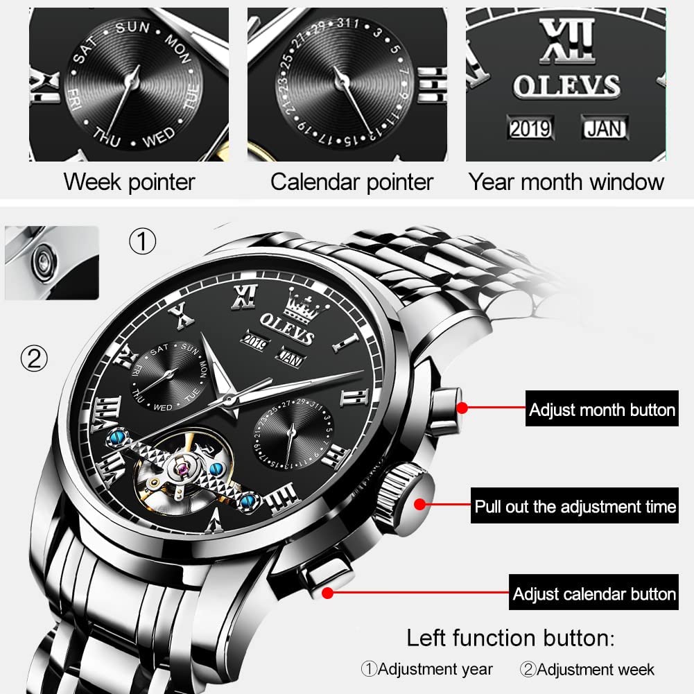 OLEVS Self Winding Watches for Men Automatic Mechanical Tourbillon Stainless Steel Waterproof Luminous Luxury Dress Wrist Watches