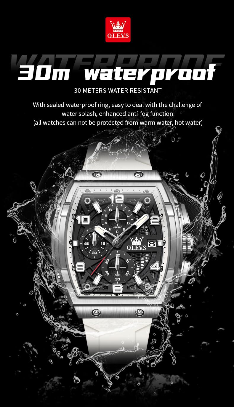 OLEVS Mens Watches Stylish Chronograph Waterproof Luminous Silicon Strap Multifunction Watches for Men Business White Men Wrist Watch