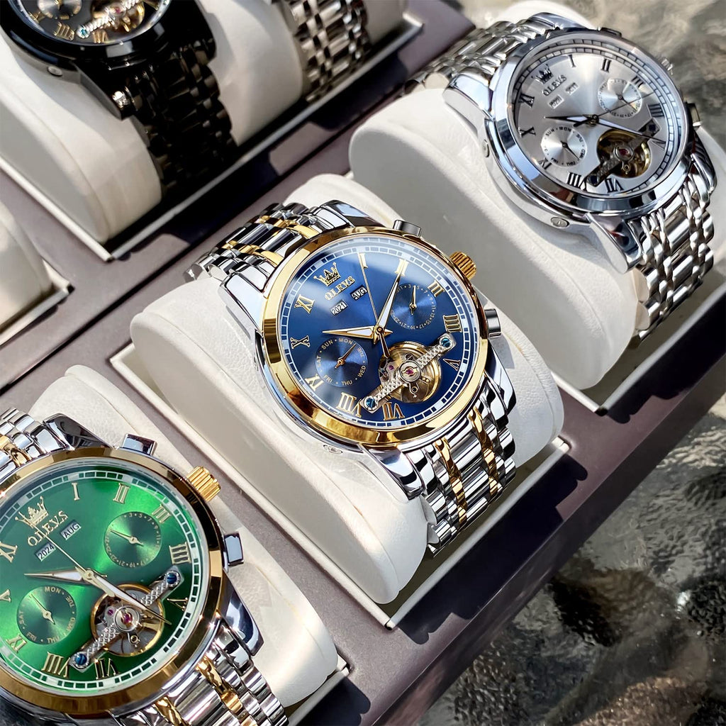 OLEVS Self Winding Watches for Men Automatic Mechanical Tourbillon Stainless Steel Waterproof Luminous Luxury Dress Wrist Watches