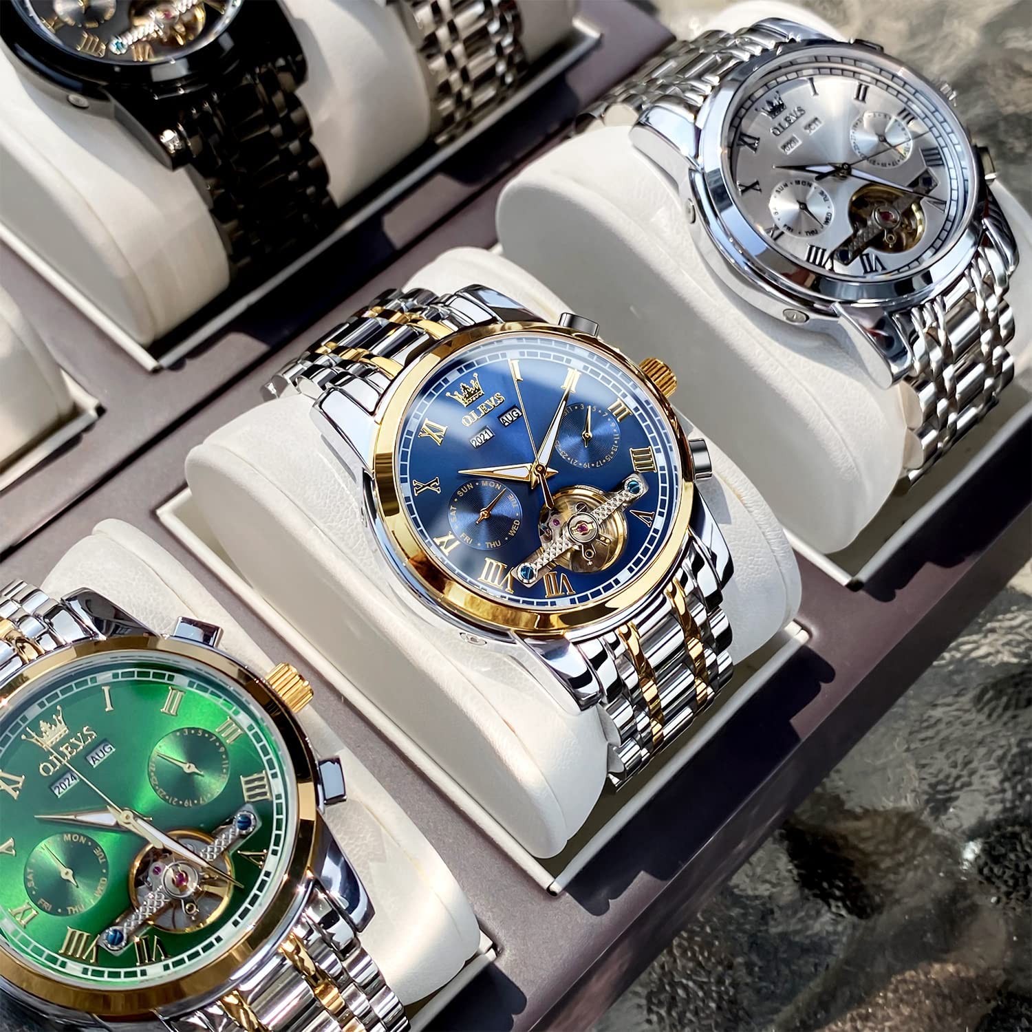 OLEVS Self Winding Watches for Men Automatic Mechanical Tourbillon Stainless Steel Waterproof Luminous Luxury Dress Wrist Watches