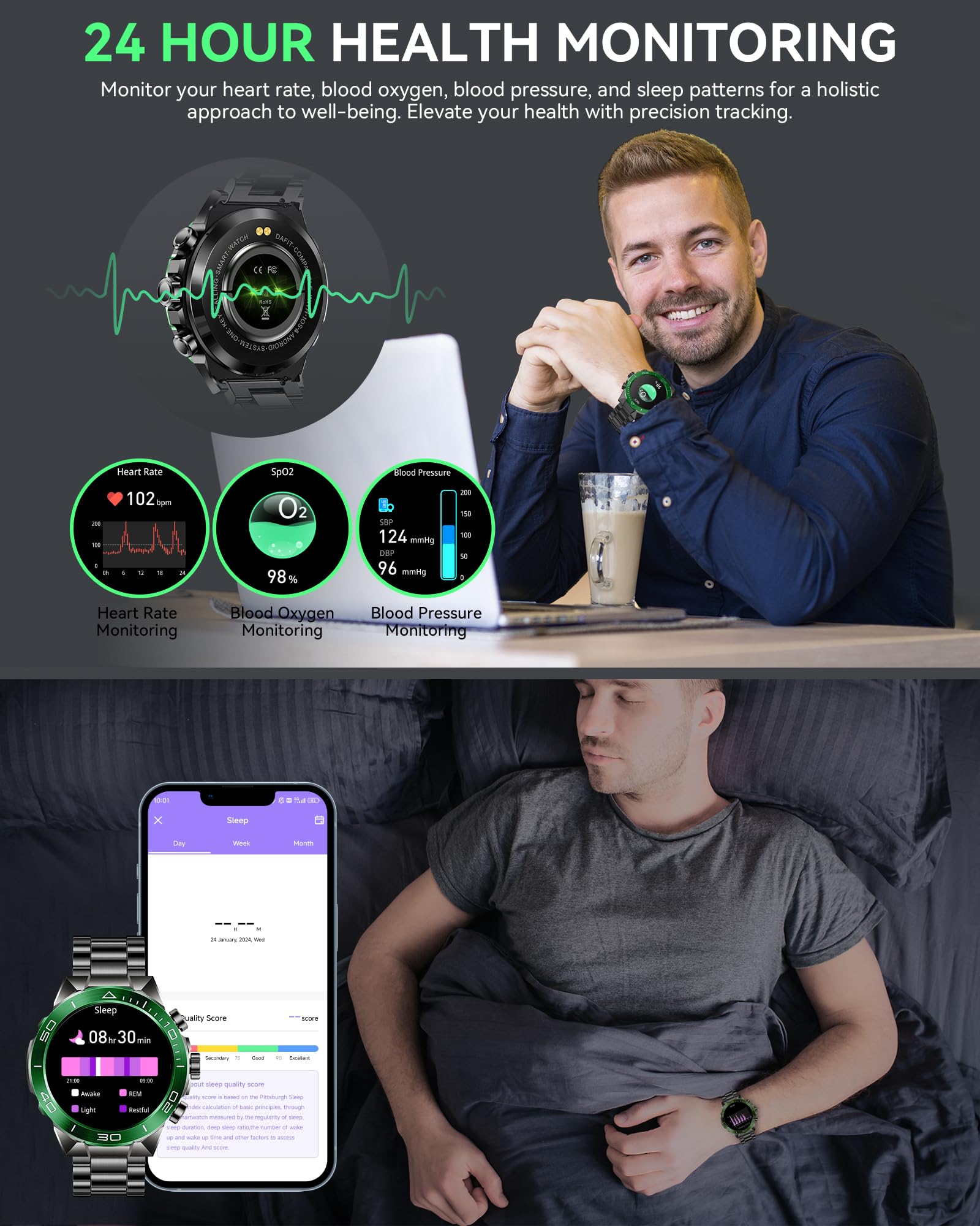 Smart Watch for Men Answer/Make Call for Android iPhone, 1.43" AMOLED HD Screen Mens Luxury Watch, 400mAh Heavy Duty Smartwatch Heart Rate Blood Oxygen Blood Pressure Sleep Monitor Pedometer, 2 Straps