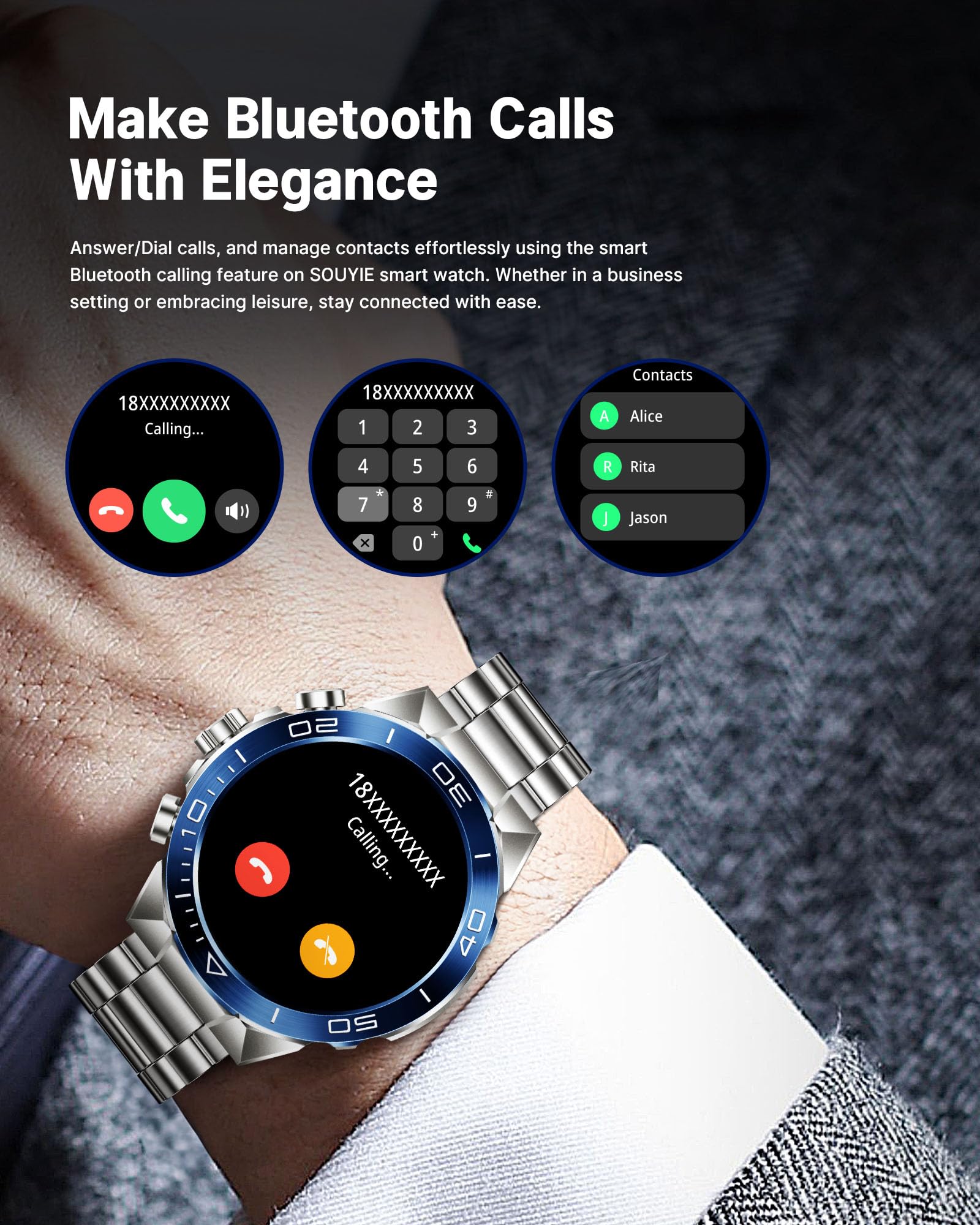 Smart Watch for Men Answer/Make Call for Android iPhone, 1.43" AMOLED HD Screen Mens Luxury Watch, 400mAh Heavy Duty Smartwatch Heart Rate Blood Oxygen Blood Pressure Sleep Monitor Pedometer, 2 Straps