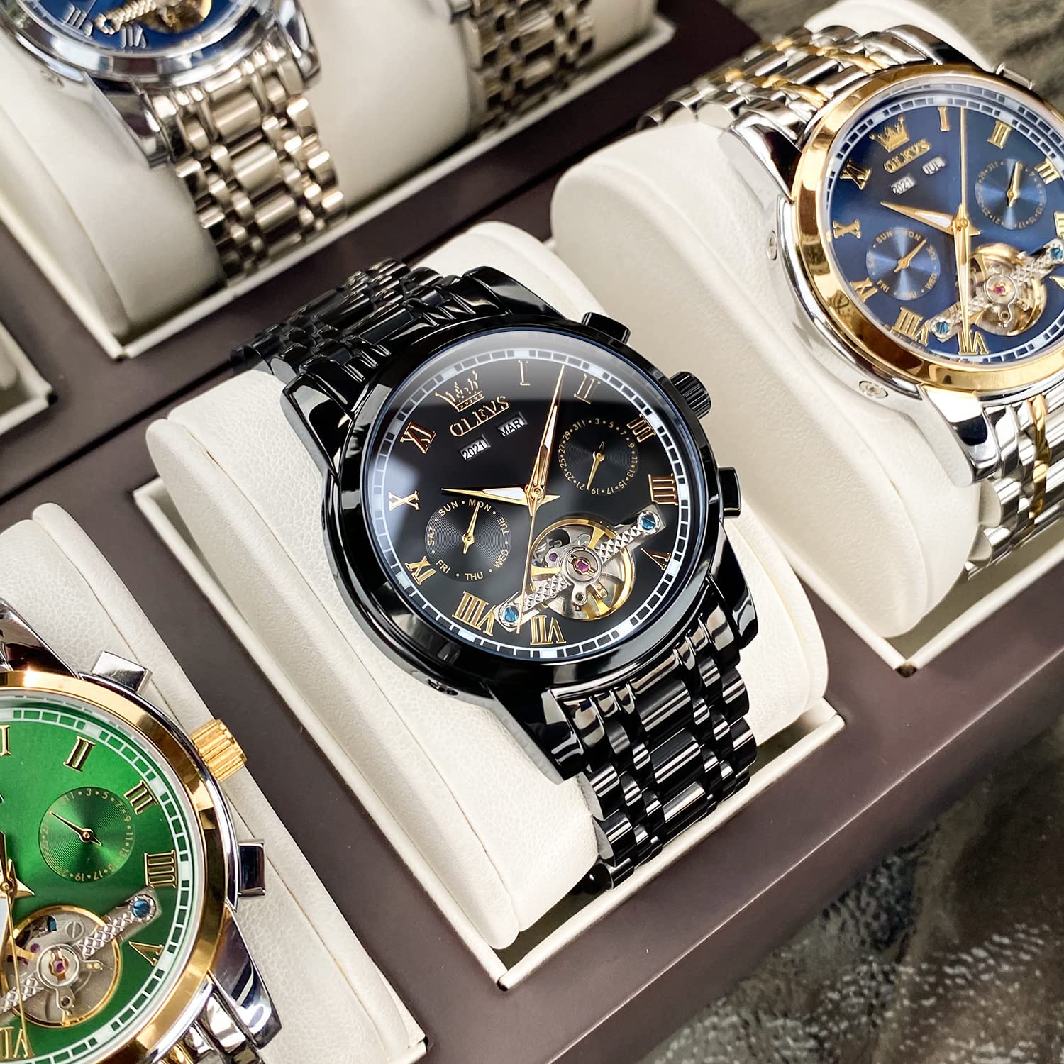 OLEVS Self Winding Watches for Men Automatic Mechanical Tourbillon Stainless Steel Waterproof Luminous Luxury Dress Wrist Watches