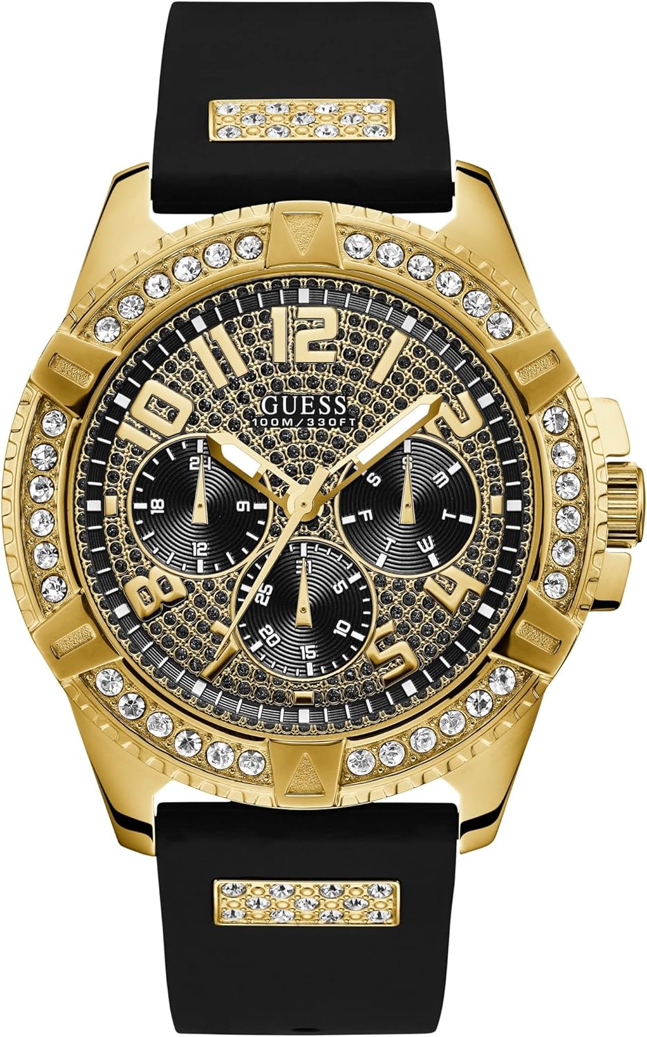 GUESS Comfortable Gold-Tone Black Stain Resistant Silicone Watch with Crystal Embellished Day, Date + 24 Hour Military/Int'l Time. Color: Black (Model: U1132G1)