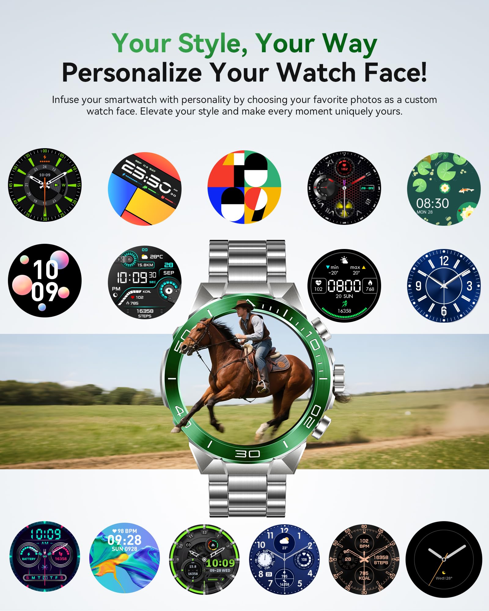 Smart Watch for Men Answer/Make Call for Android iPhone, 1.43" AMOLED HD Screen Mens Luxury Watch, 400mAh Heavy Duty Smartwatch Heart Rate Blood Oxygen Blood Pressure Sleep Monitor Pedometer, 2 Straps