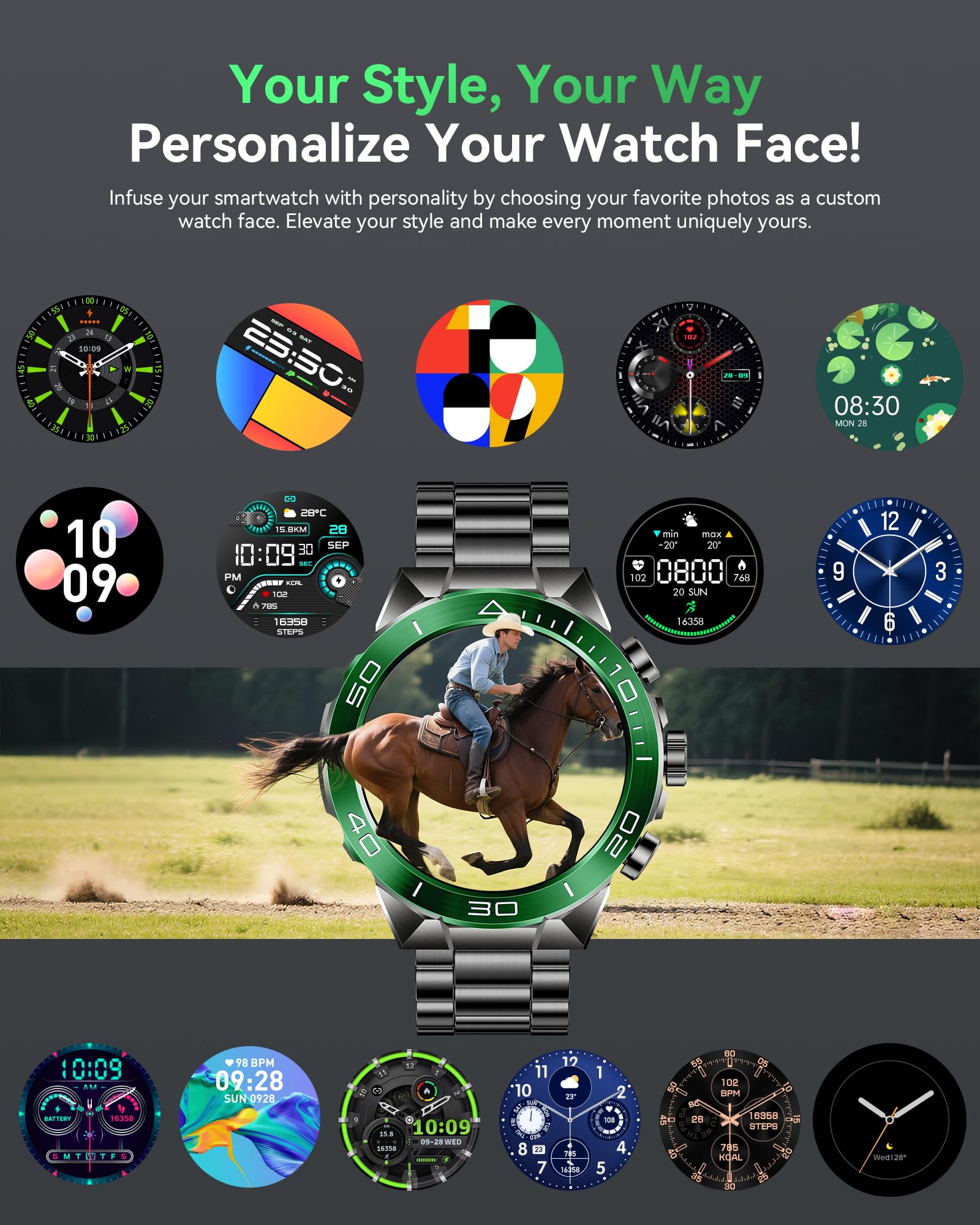 Smart Watch for Men Answer/Make Call for Android iPhone, 1.43" AMOLED HD Screen Mens Luxury Watch, 400mAh Heavy Duty Smartwatch Heart Rate Blood Oxygen Blood Pressure Sleep Monitor Pedometer, 2 Straps