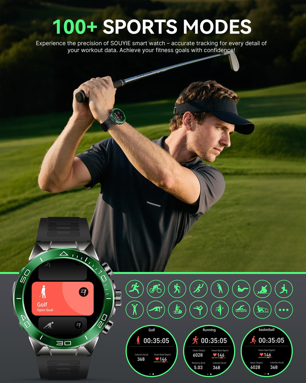 Smart Watch for Men Answer/Make Call for Android iPhone, 1.43" AMOLED HD Screen Mens Luxury Watch, 400mAh Heavy Duty Smartwatch Heart Rate Blood Oxygen Blood Pressure Sleep Monitor Pedometer, 2 Straps